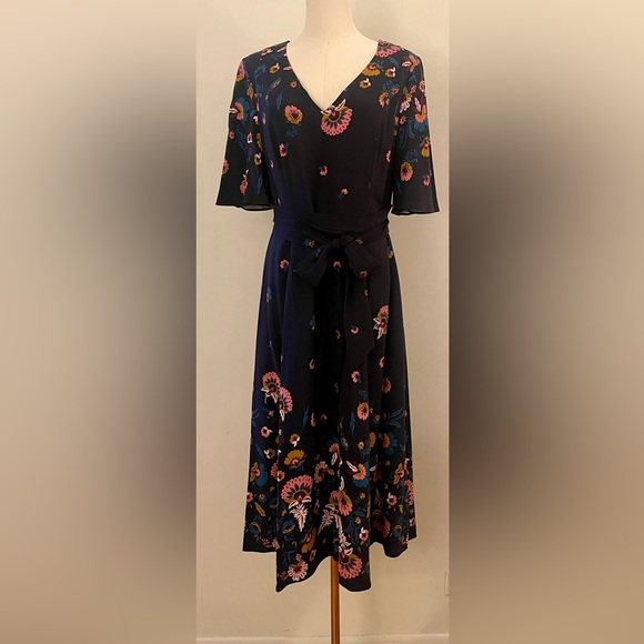 BODEN Emilie V Neck Midi Dress Navy Blue Flourish Pink Floral Size US 8R UK12R - Picture 2 of 16